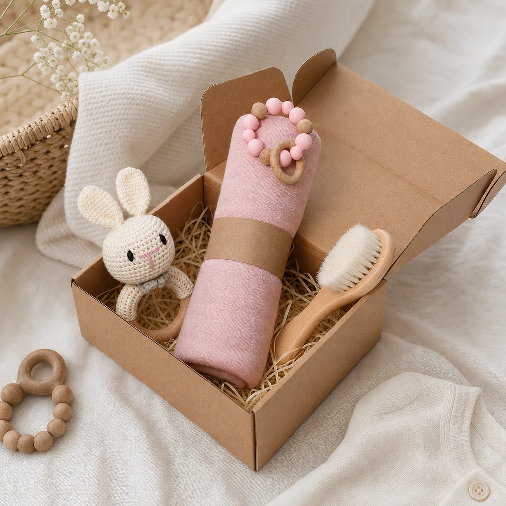 Montessori Gifts Newborn Baby Shower Set shown on a real table surface