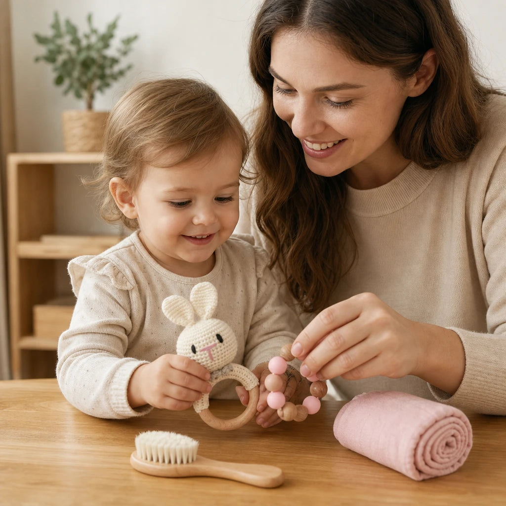 Child using the Montessori Gifts Newborn Baby Shower Set