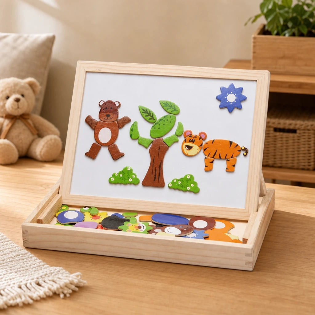 Montessori Magnetic Board - Double-Sided Animal Set set out on a real table at home