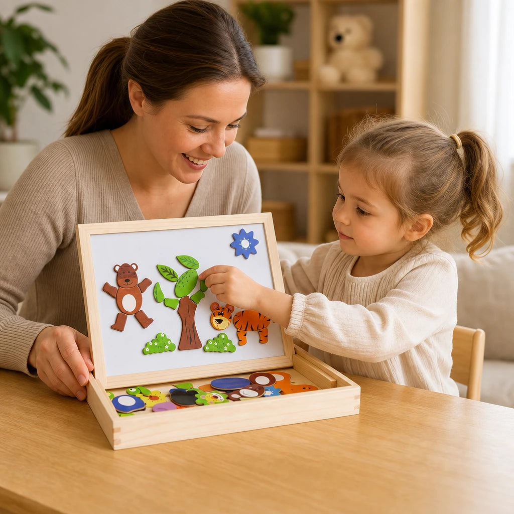 Child playing with the Montessori Magnetic Board - Double-Sided Animal Set