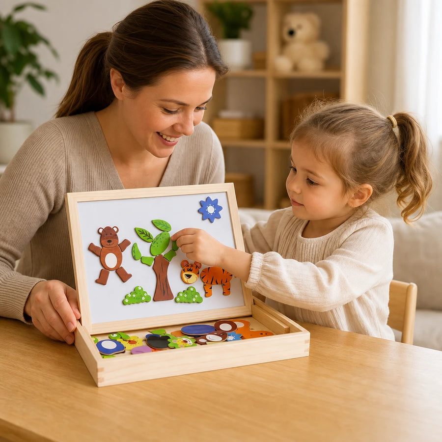 Child playing with the Montessori Magnetic Board - Double-Sided Animal Set