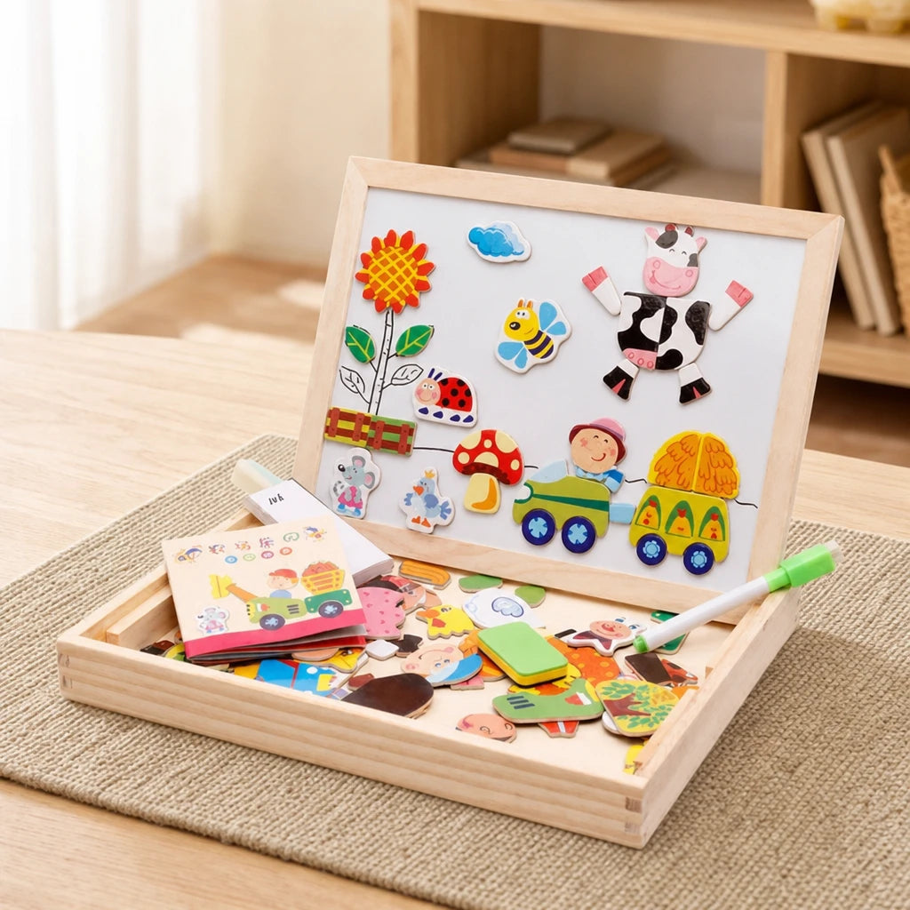 Montessori Magnetic Board Farm Theme set out on a real table at home