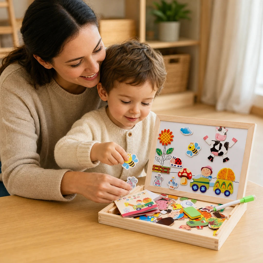 Child playing with the Montessori Magnetic Board Farm Theme