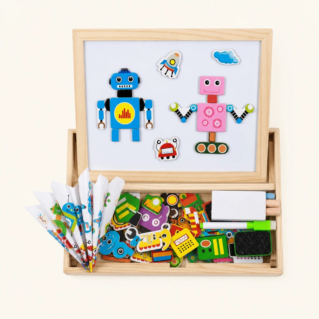 Montessori Magnetic Board - Robot Theme Double-Sided shown complete on a plain background