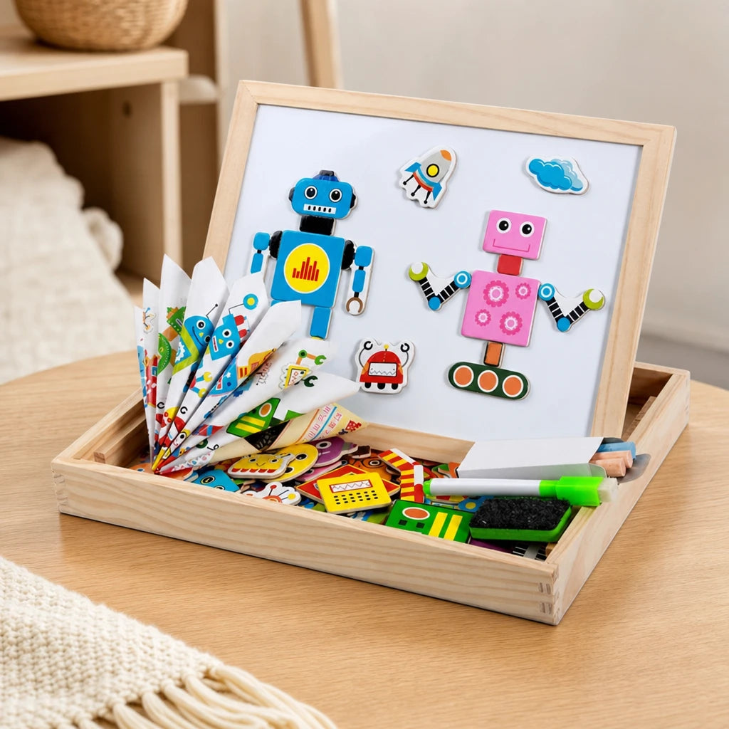 Montessori Magnetic Board - Robot Theme Double-Sided set out on a real table at home
