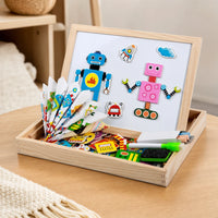 Montessori Magnetic Board - Robot Theme Double-Sided set out on a real table at home