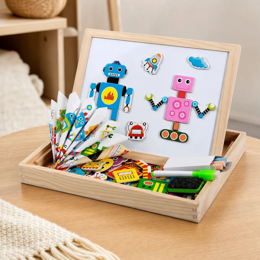 Montessori Magnetic Board - Robot Theme Double-Sided set out on a real table at home