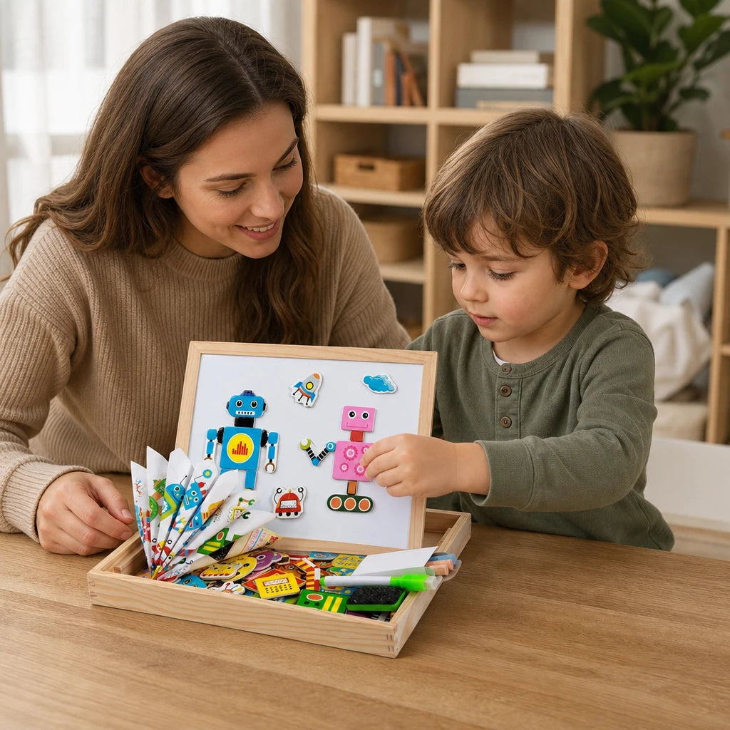Child playing with the Montessori Magnetic Board - Robot Theme Double-Sided