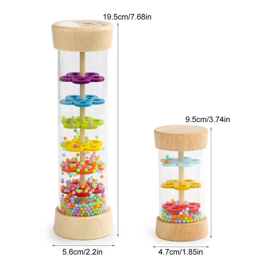 Two sizes of the wooden rainstick shown with dimensions