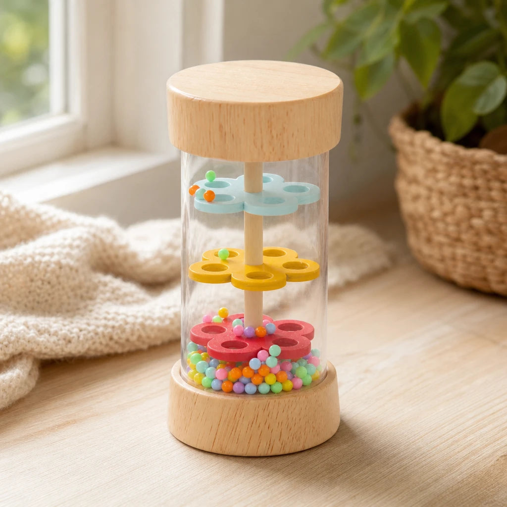 Montessori Music Toys - Rainbow Rainstick set out on a real table at home