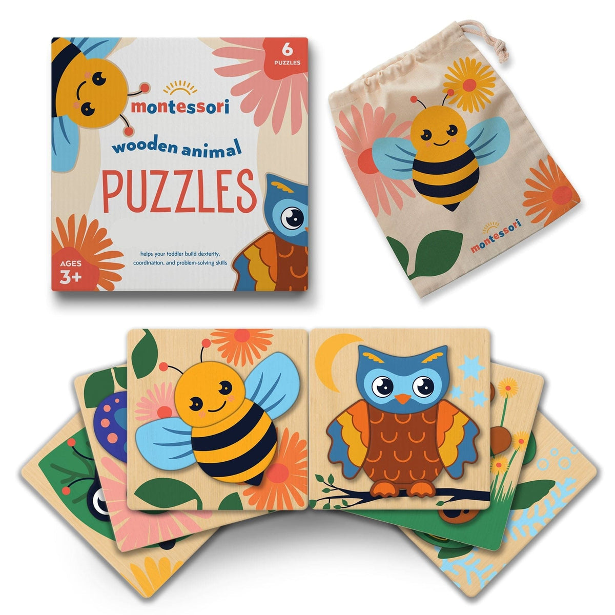Wooden animal puzzle set with printed box and cotton storage bag