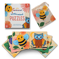 Wooden animal puzzle set with printed box and cotton storage bag