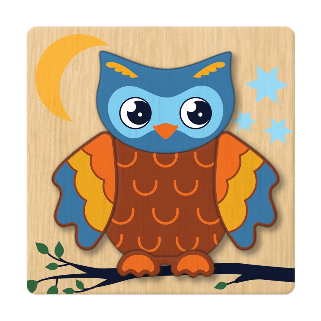 Blue owl layered wooden puzzle on a branch background