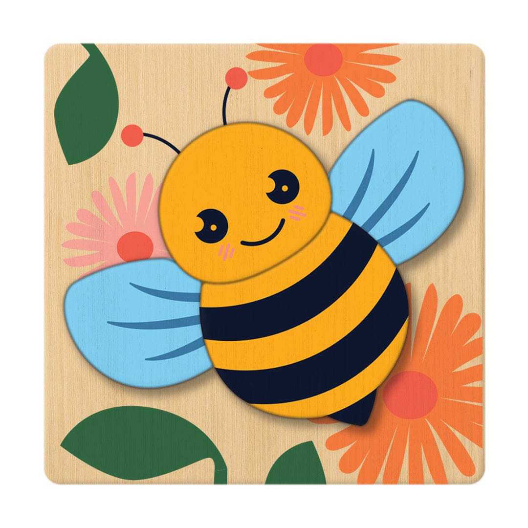 Bee layered wooden puzzle on a flower background