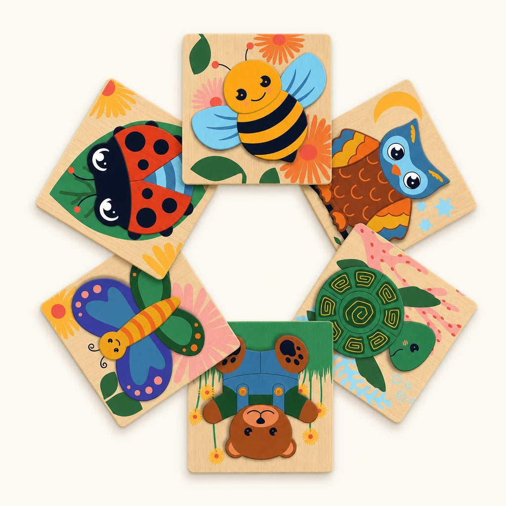 Montessori Puzzle Set – 6 Wooden Animal Puzzles shown complete on a plain background