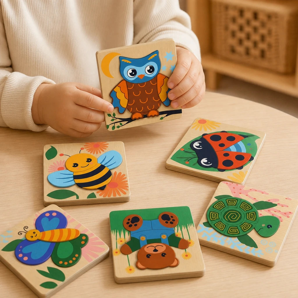 Close-up of a child's hands using the Montessori Puzzle Set – 6 Wooden Animal Puzzles