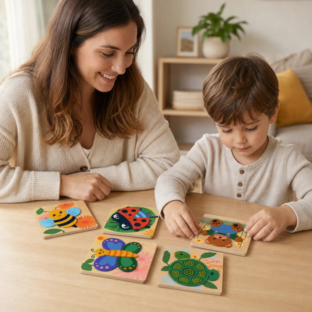Child playing with the Montessori Puzzle Set – 6 Wooden Animal Puzzles