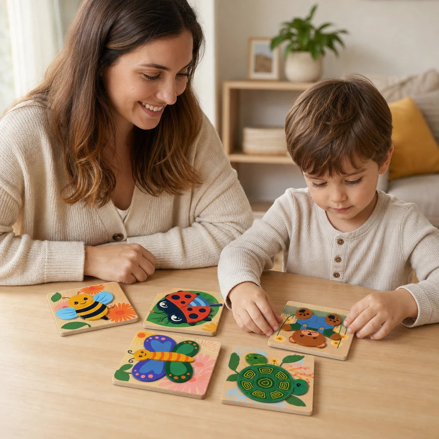 Child playing with the Montessori Puzzle Set – 6 Wooden Animal Puzzles
