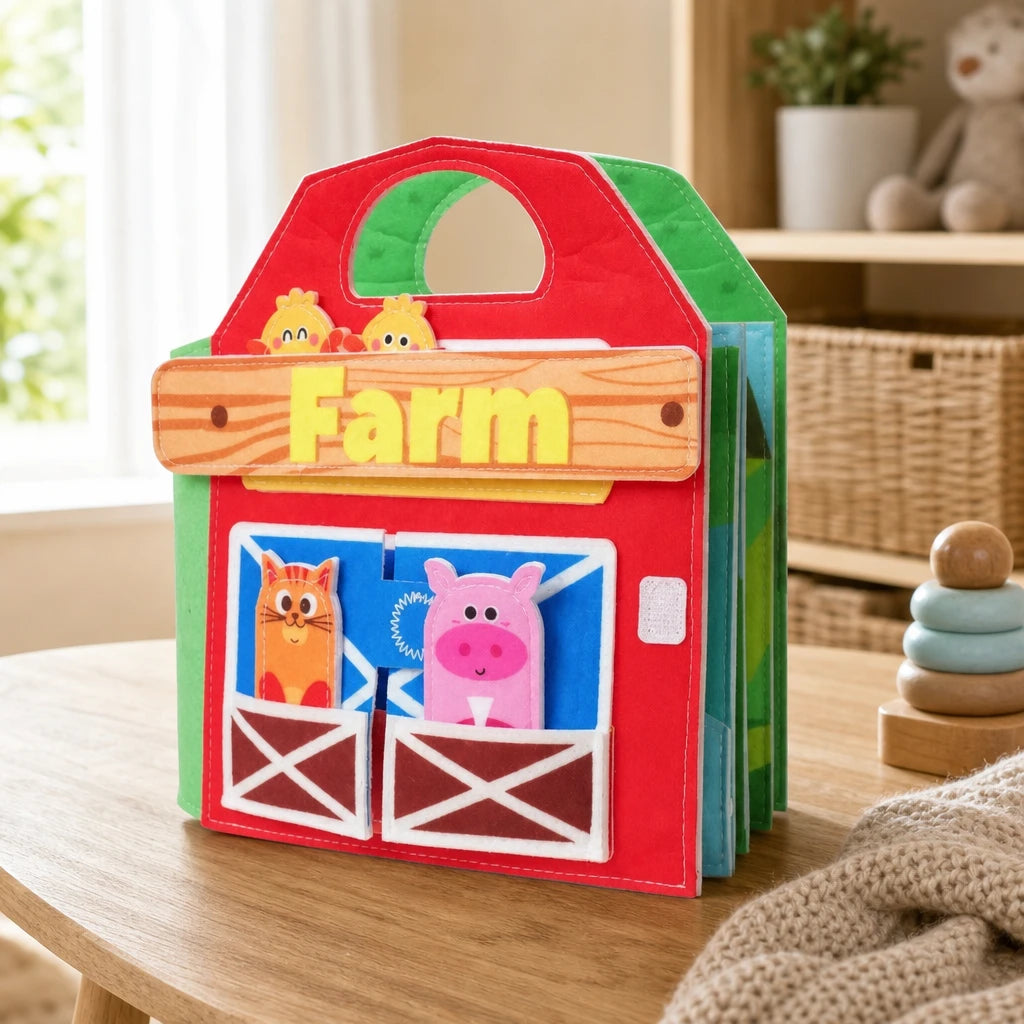 Montessori Quiet Book - 3D Farm Activity Set set out on a real table at home
