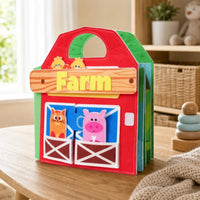 Montessori Quiet Book - 3D Farm Activity Set set out on a real table at home