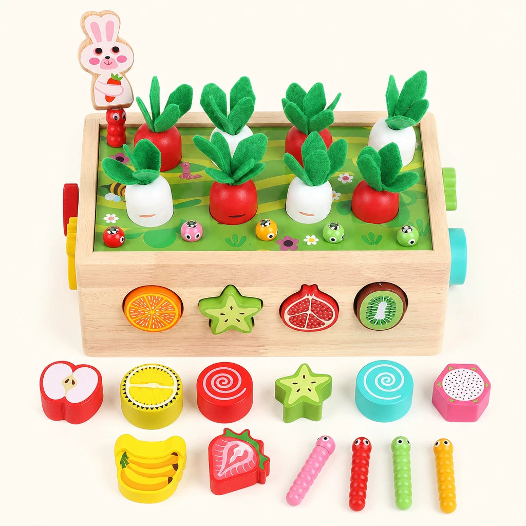 Montessori Shape Sorter Garden Harvest Game shown complete on a plain background