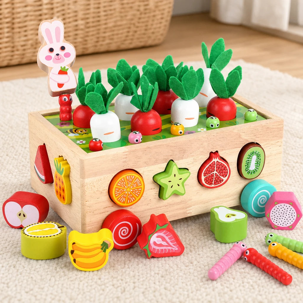 Montessori Shape Sorter Garden Harvest Game set out on a real table at home