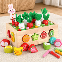Montessori Shape Sorter Garden Harvest Game set out on a real table at home