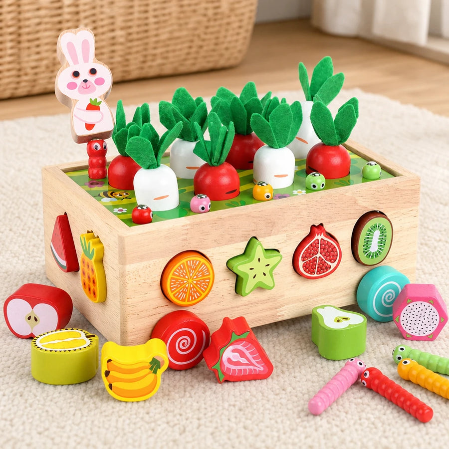 Montessori Shape Sorter Garden Harvest Game set out on a real table at home