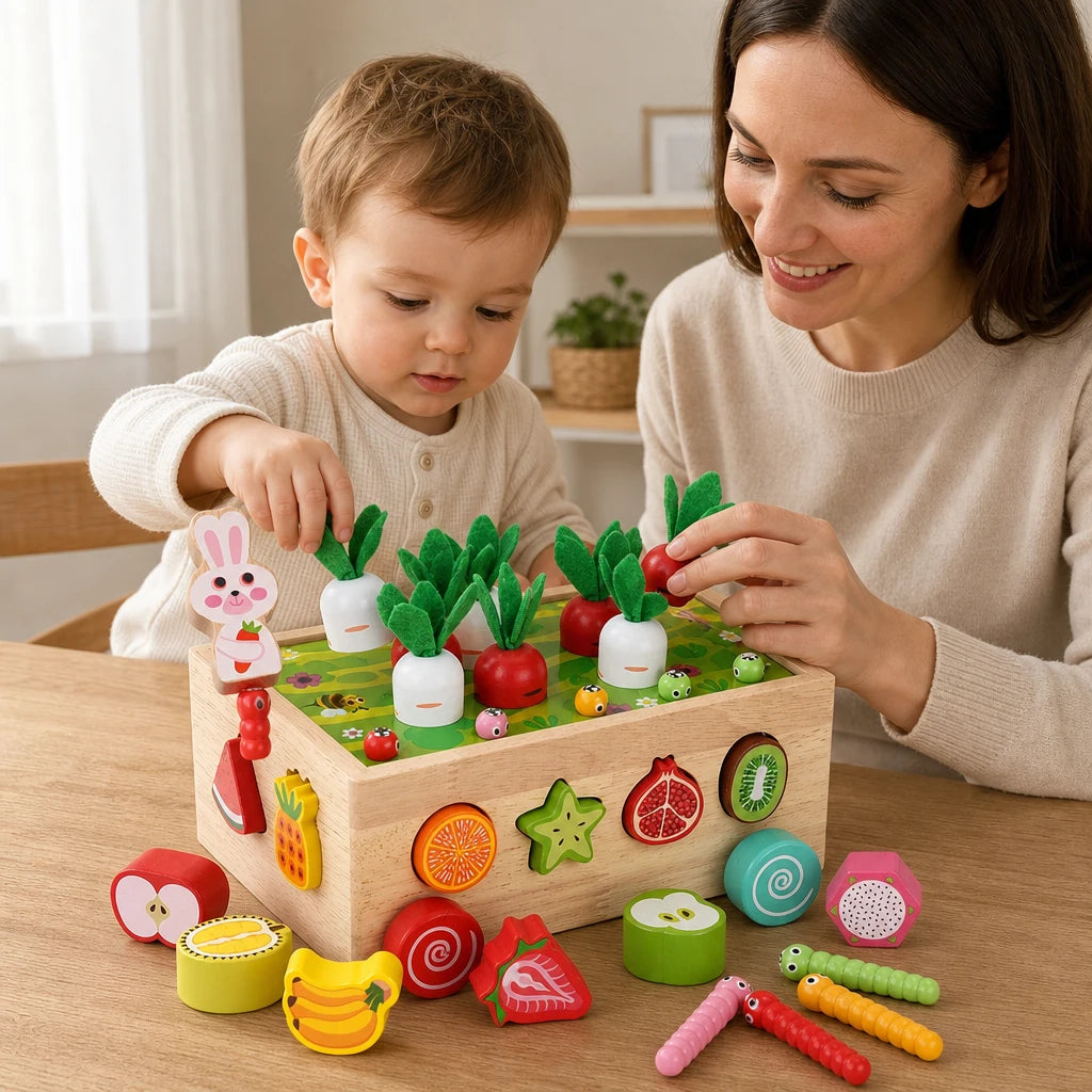 Child playing with the Montessori Shape Sorter Garden Harvest Game