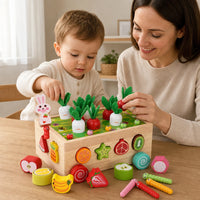 Child playing with the Montessori Shape Sorter Garden Harvest Game