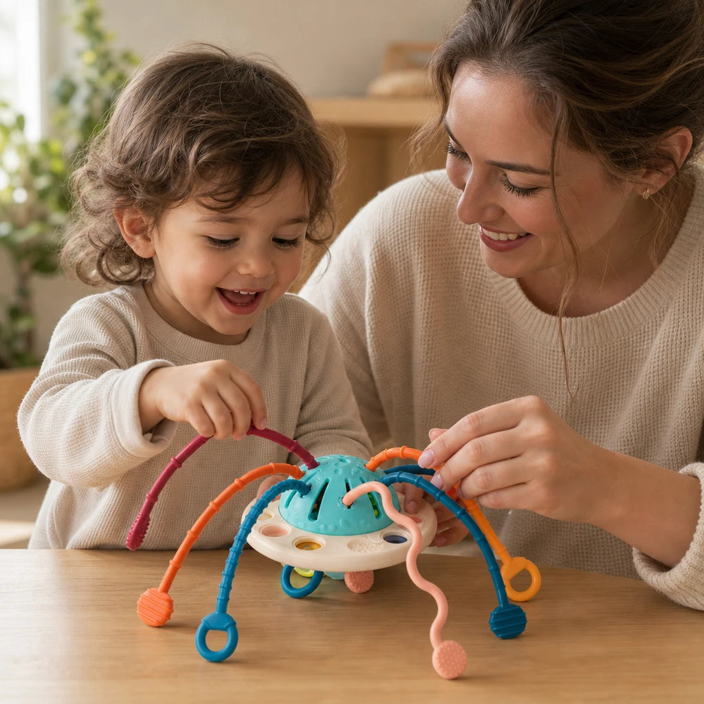 Child playing with the Montessori Silicone Pulling Toy Multi-Textured