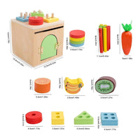Sorting cube contents with wooden food pieces and shape blocks