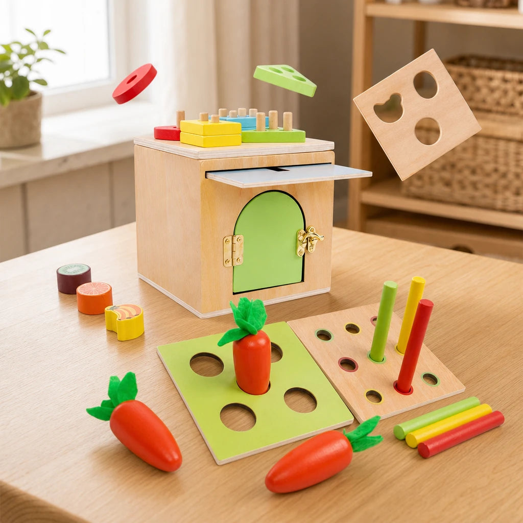 Montessori Sorting Cube 6-in-1 Wooden Activity Box set out on a real table at home