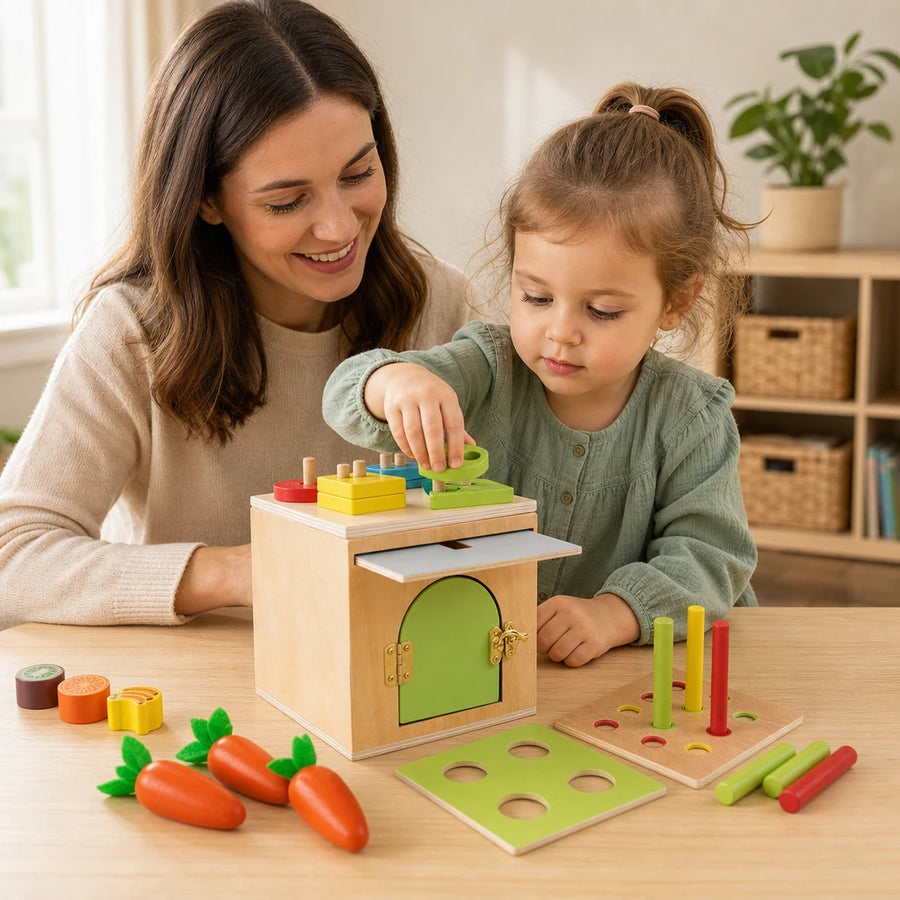 Child playing with the Montessori Sorting Cube 6-in-1 Wooden Activity Box