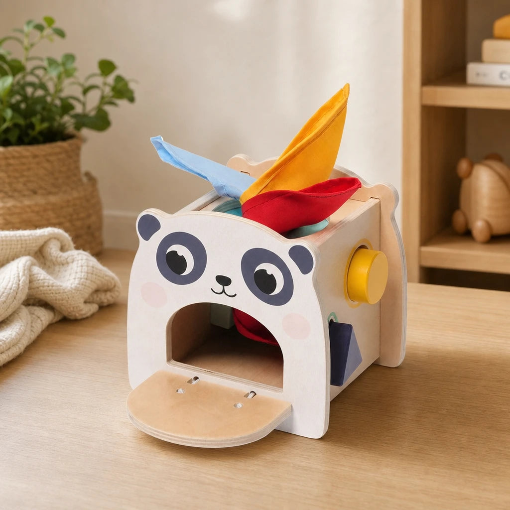 Montessori Tissue Box Toy Panda Shape Sorter shown on a real table surface