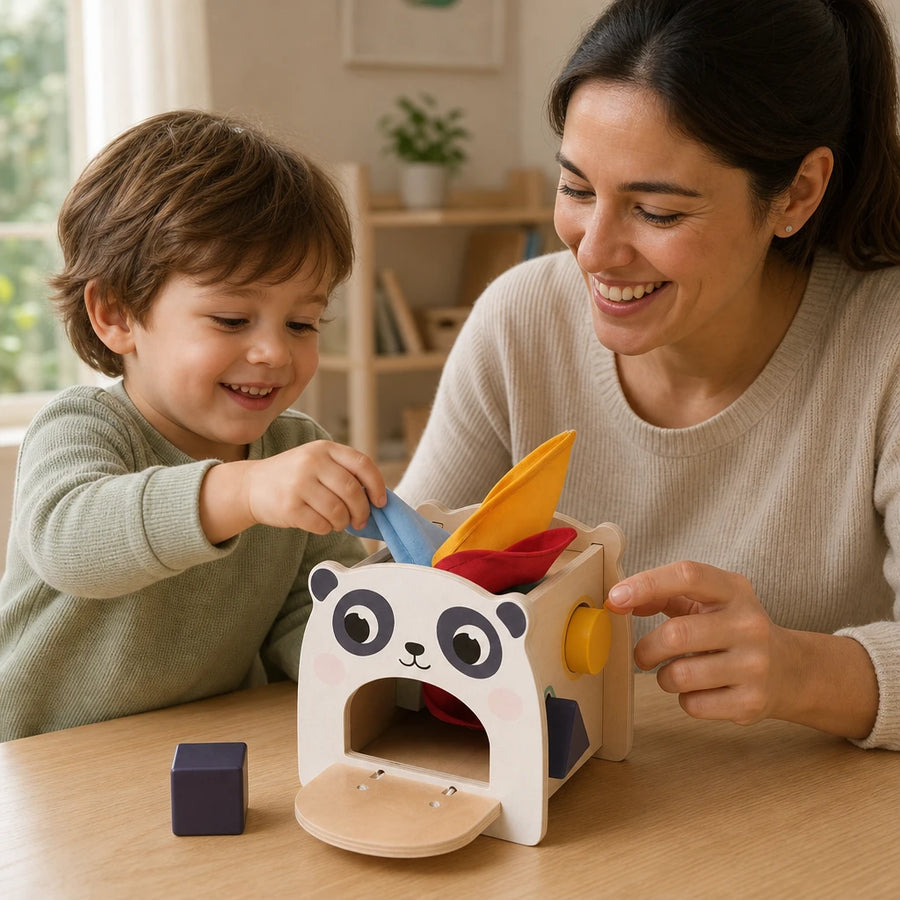 Child using the Montessori Tissue Box Toy Panda Shape Sorter