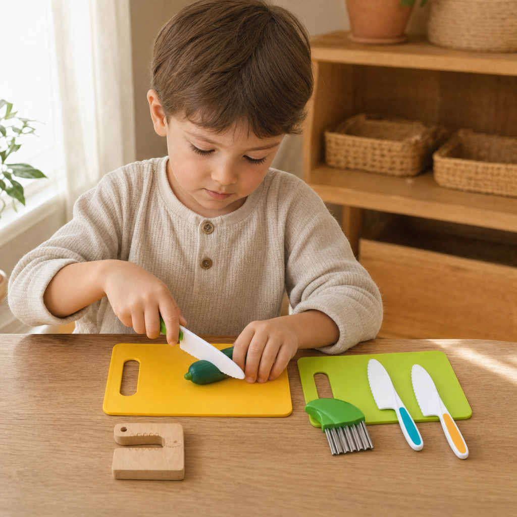 Boy slicing a cucumber with a child-safe knife at a wooden table