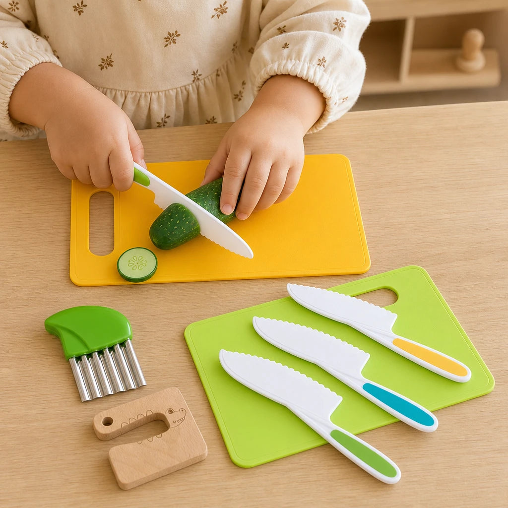 Close-up of a child's hands using the Montessori Toddler Kitchen Set