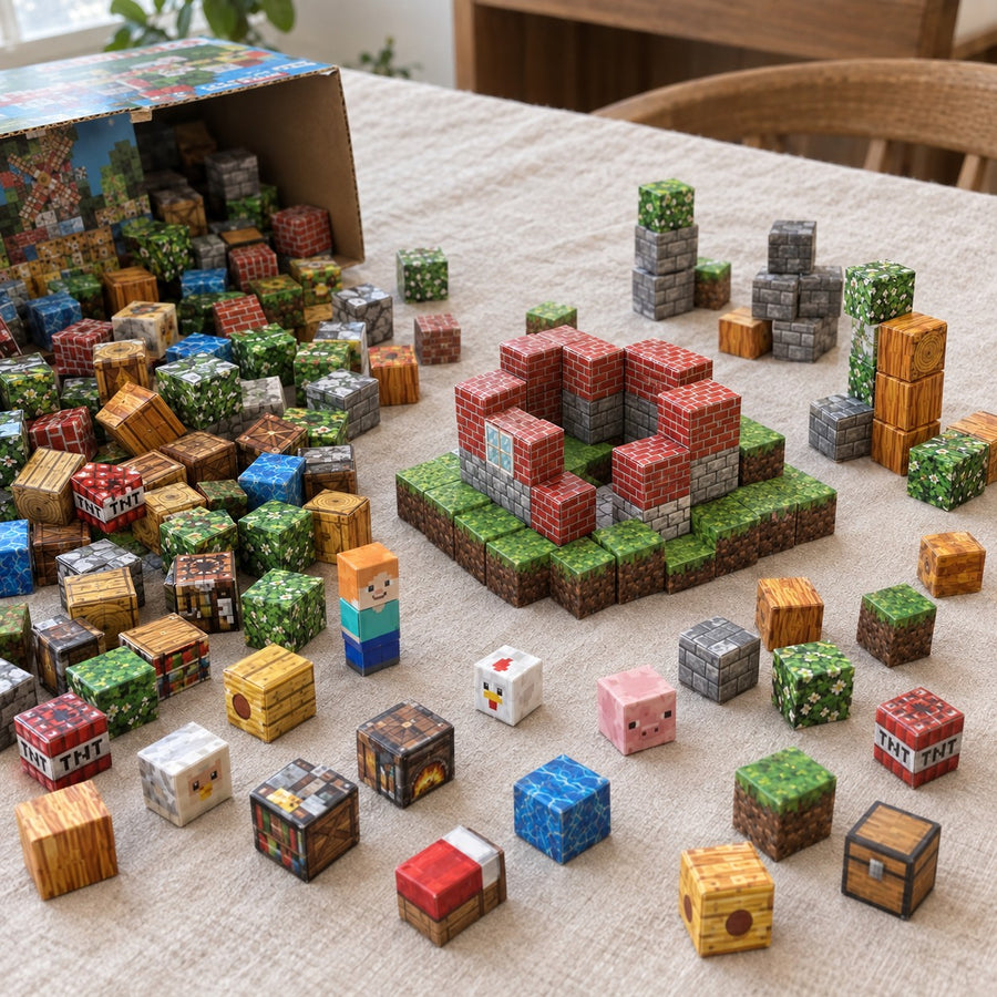 Animal House magnetic cubes spread on the table, build in progress