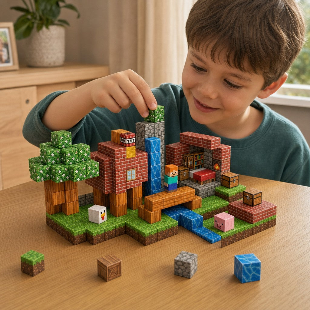 Child building the Animal House set with magnetic cubes