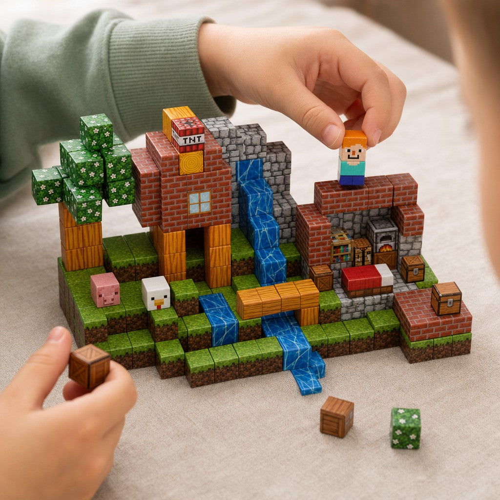 Child's hands building the Animal House magnetic cube set
