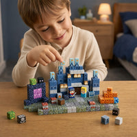 Child building the Blue Castle set with magnetic cubes