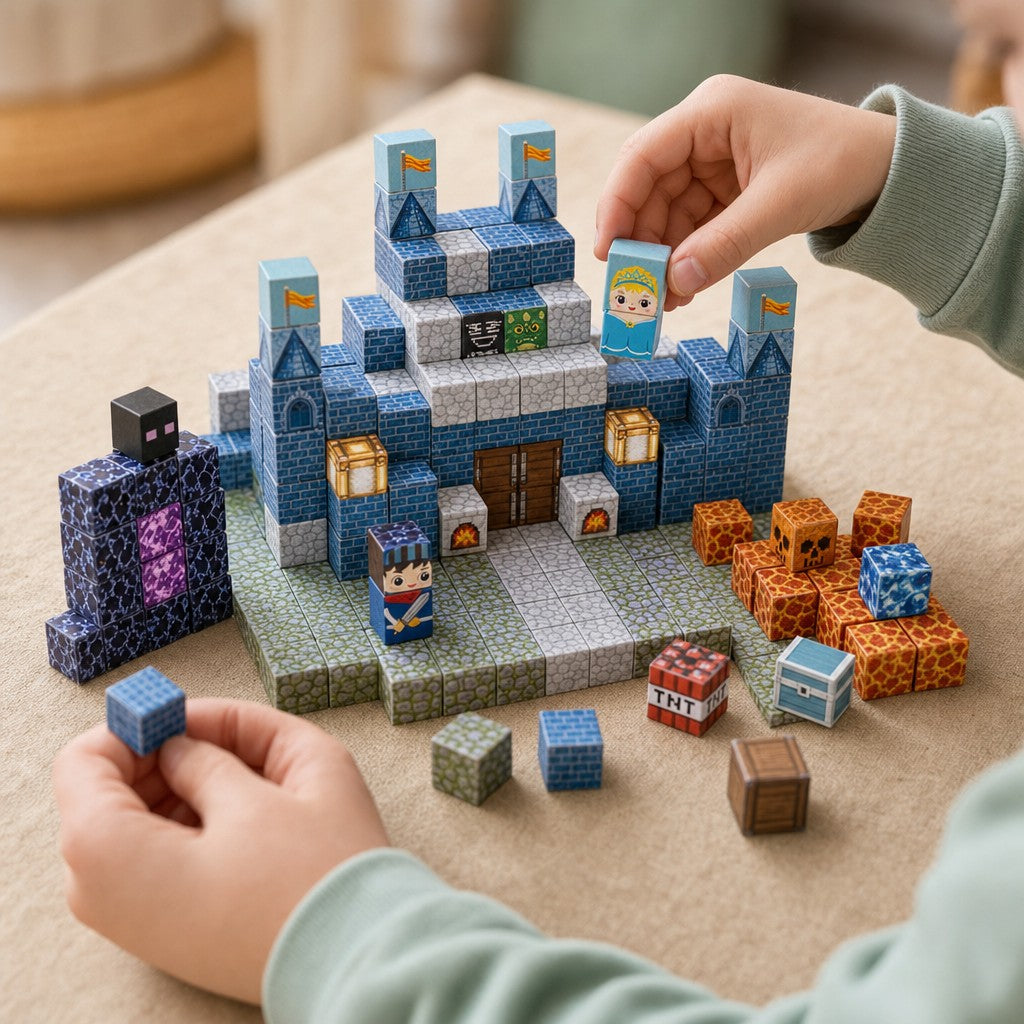 Child's hands building the Blue Castle magnetic cube set