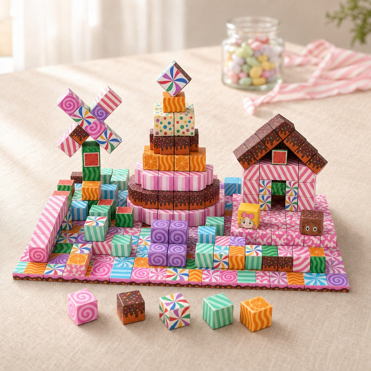 Candy House magnetic building cubes, 100 cubes set built on a table
