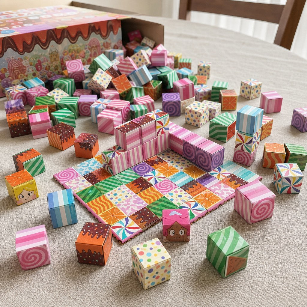 Candy House magnetic cubes spread on the table, build in progress