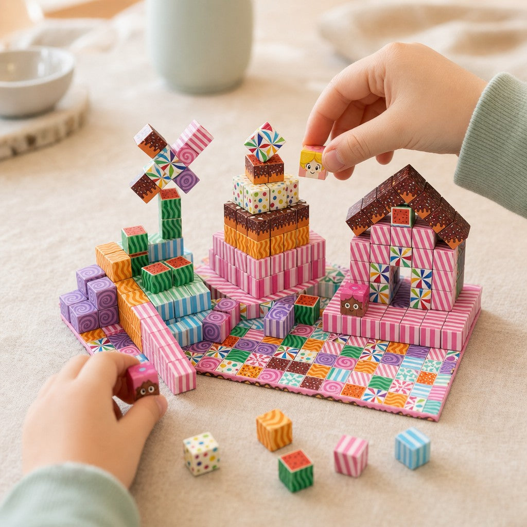Child's hands building the Candy House magnetic cube set