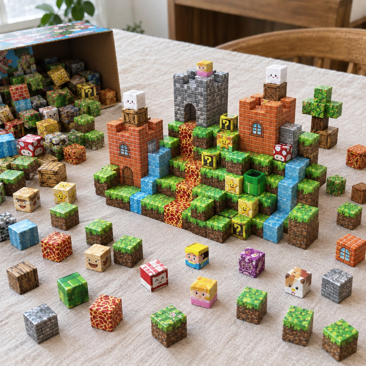 Castle Quest magnetic cubes spread on the table, build in progress