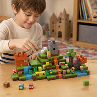 Child building the Castle Quest set with magnetic cubes