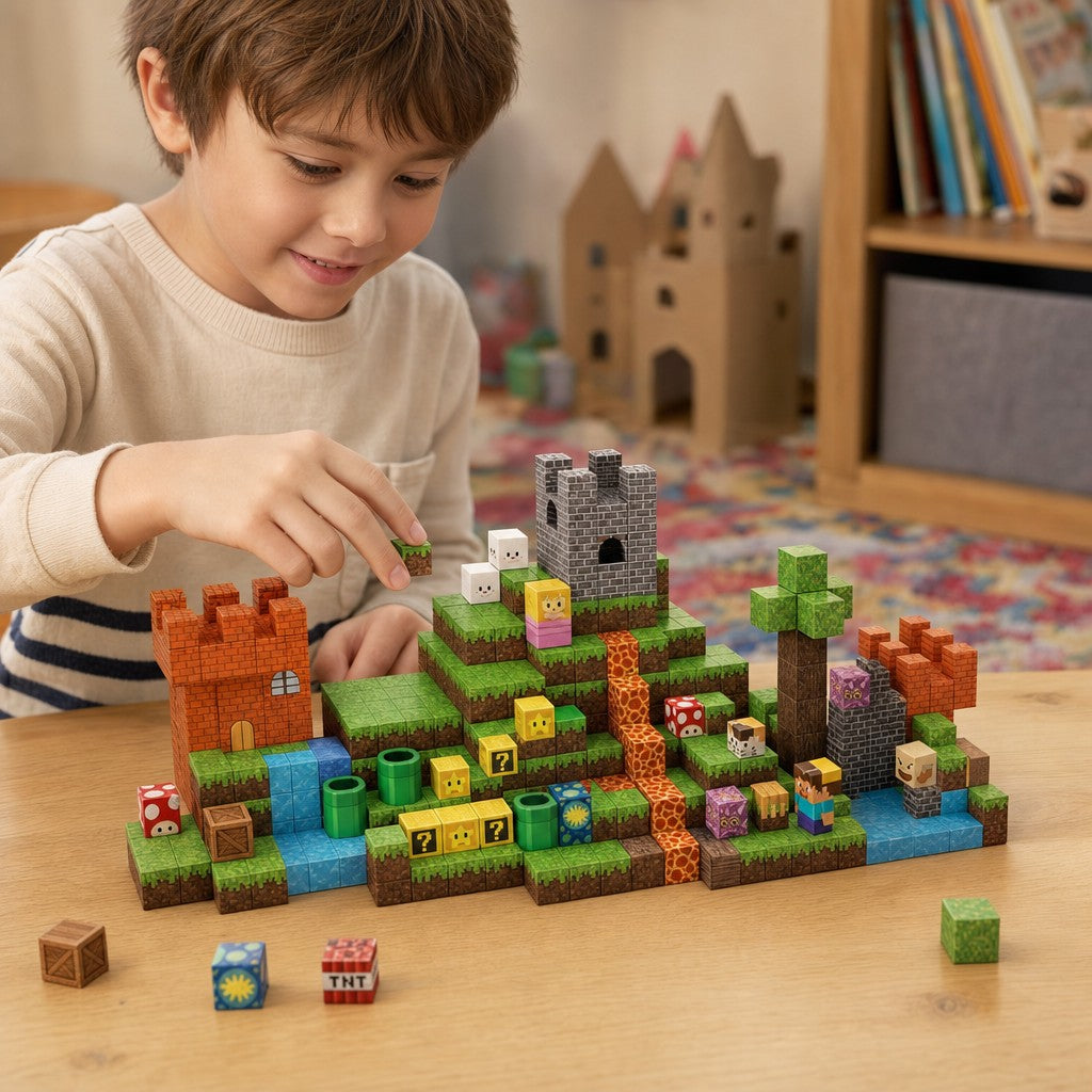 Child building the Castle Quest set with magnetic cubes