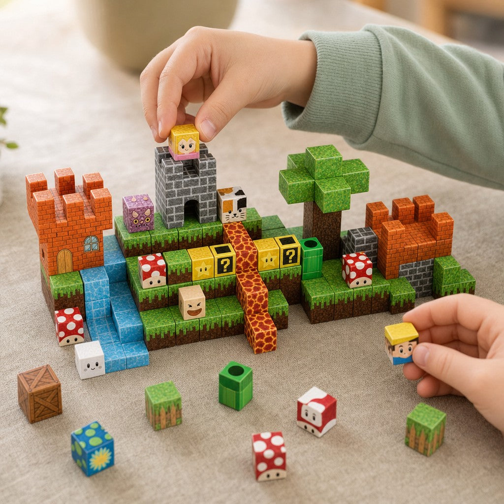 Child's hands building the Castle Quest magnetic cube set